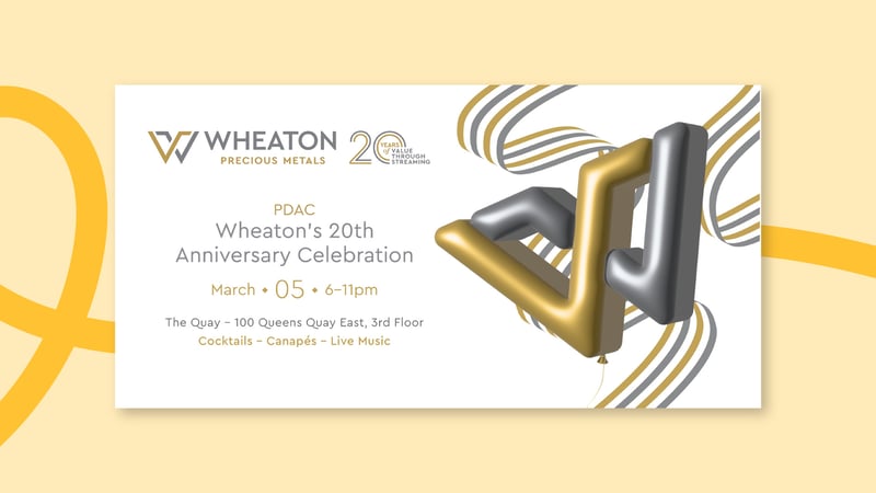 Event invitation for Wheaton’s 20th Anniversary Celebration featuring a modern design with golden and silver elements.