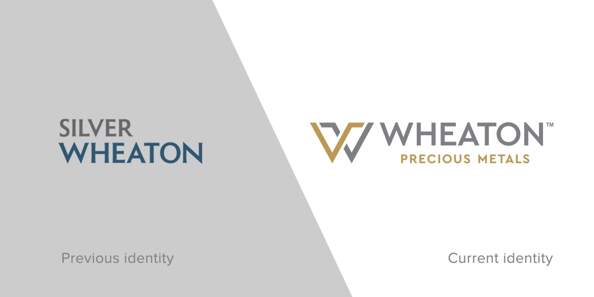 A side-by-side brand identity comparison illustrating a strategic corporate name change. The left side displays the "Previous identity" logo for "Silver Wheaton," and the right side displays the "Current identity" logo for "Wheaton Precious Metals," showcasing an evolution in brand positioning.