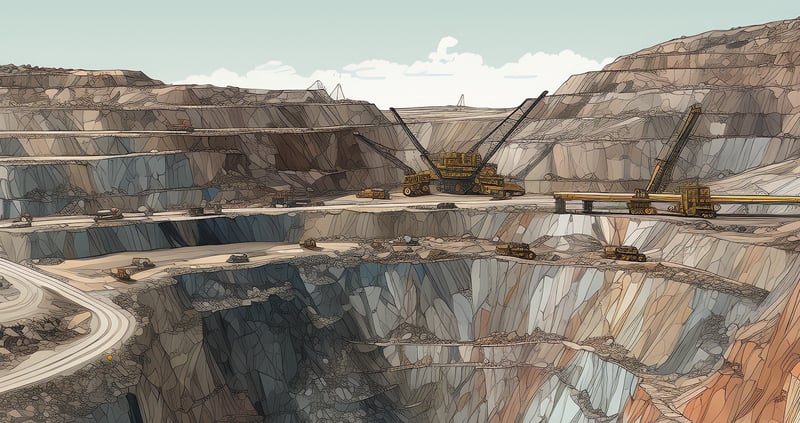 Illustrated image of a large mining operation with heavy machinery in a deep quarry.